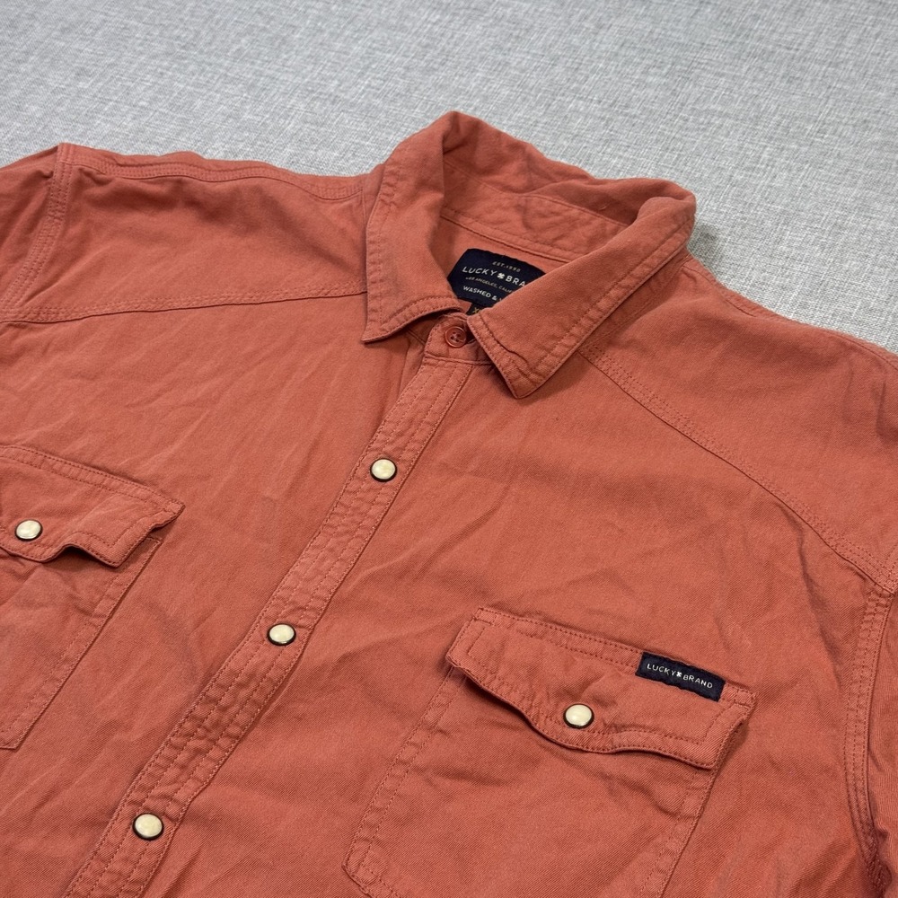 Lucky Brand Snap Button Shirt Mens XL Orange Twill Short Sleeve Pockets Relaxed